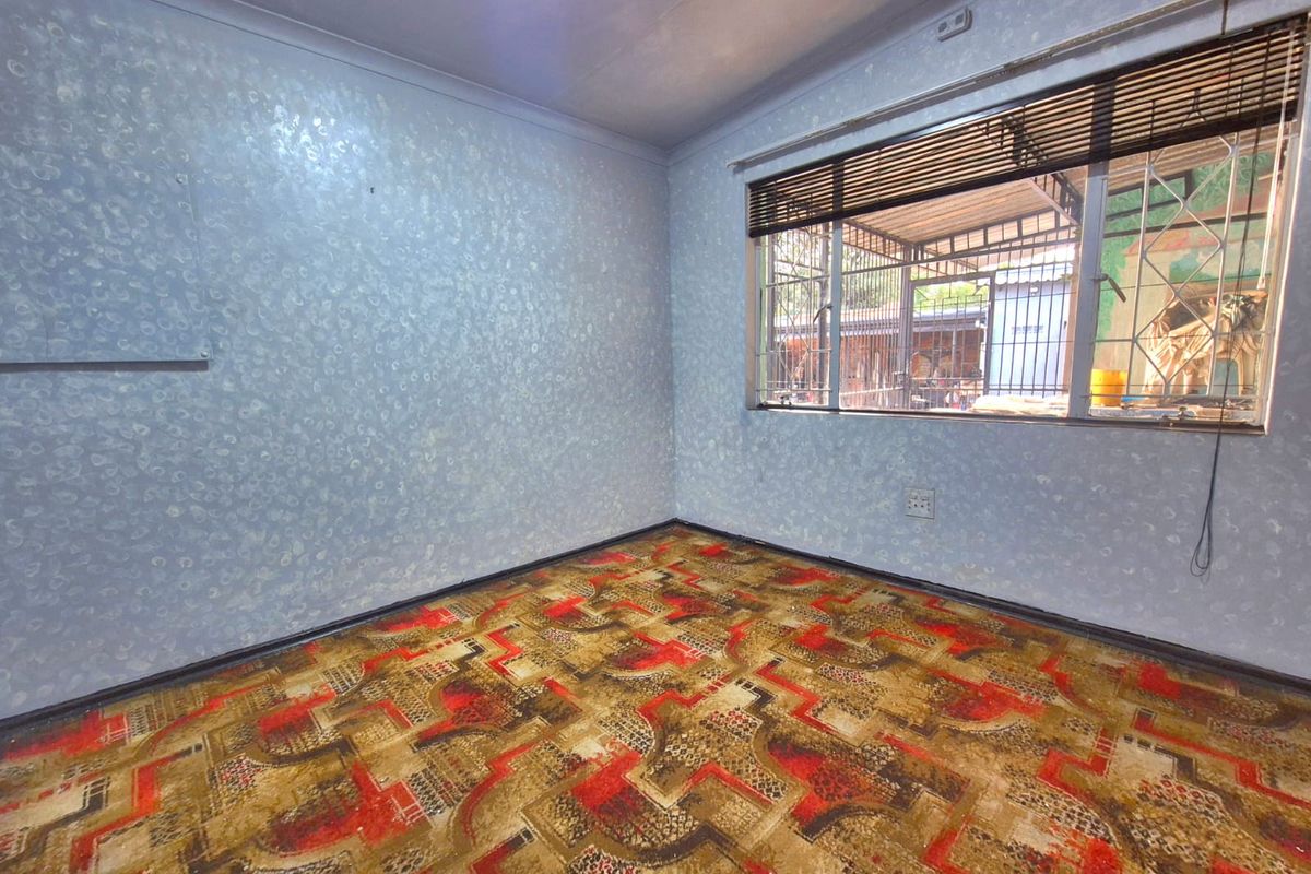 An empty bedroom featuring textured wallpaper, patterned carpeting, and a window fitted with security bars and venetian blinds.