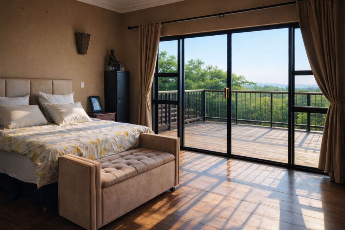 Spacious bedroom featuring laminate flooring, cove molding, and large sliding glass doors opening onto a private wooden balcony with scenic views.