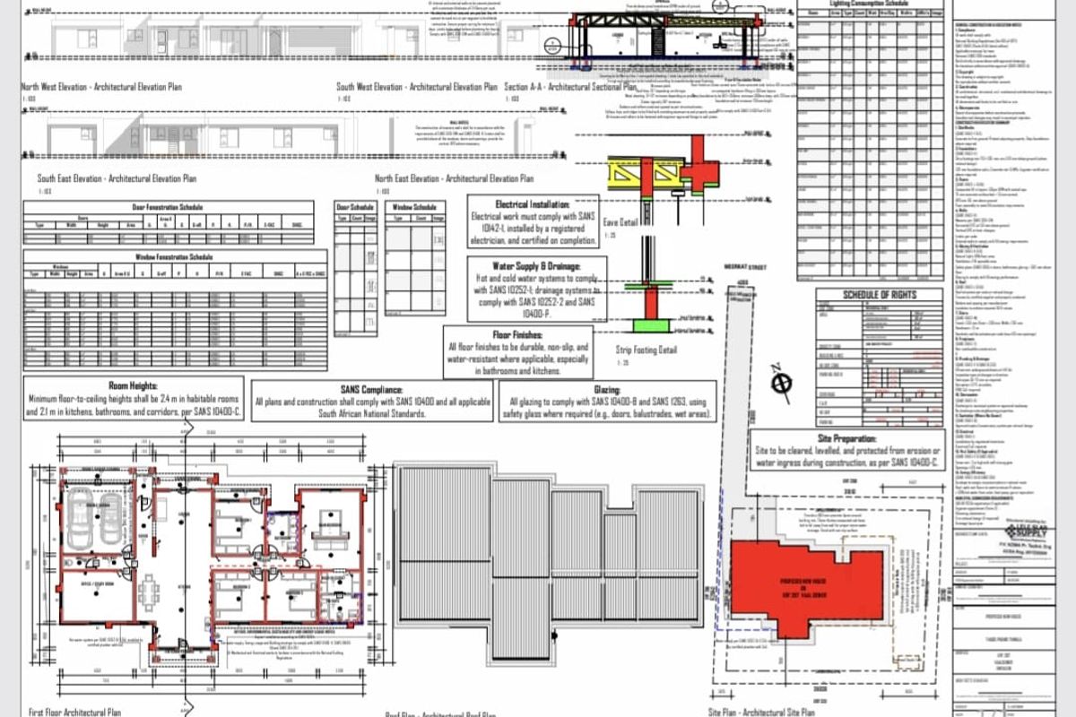 Architectural floor plans, elevations, and site plan for the proposed residential development.