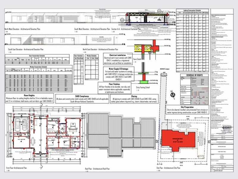Architectural floor plans, elevations, and site plan for the proposed residential development.