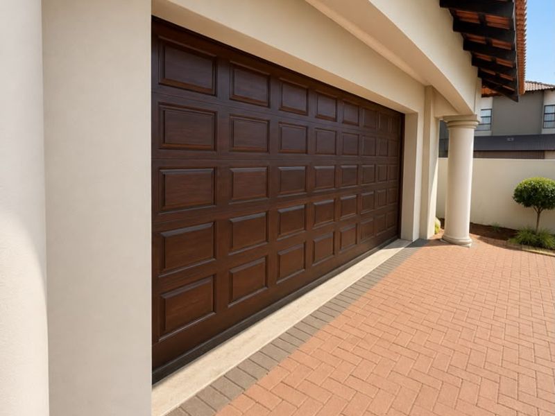 A well-maintained garage exterior featuring a dark wood-finish sectional door, paved driveway, and classic architectural detailing under exposed rafter eaves.