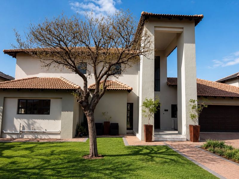 A well-maintained double-story residential home featuring a terracotta tiled roof, paved driveway, and a prominent covered entrance portico.