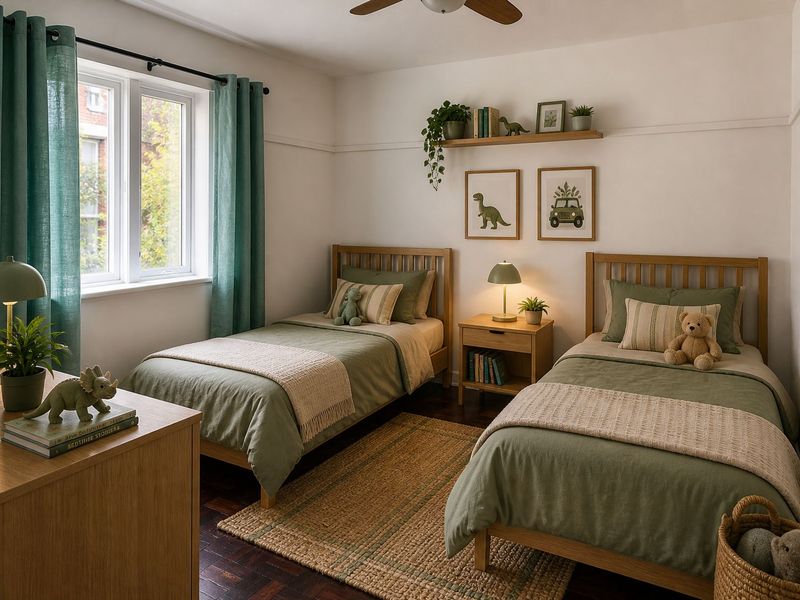 A well-maintained bedroom featuring classic parquet flooring, a ceiling fan, and a picture rail, offering a warm and inviting atmosphere.