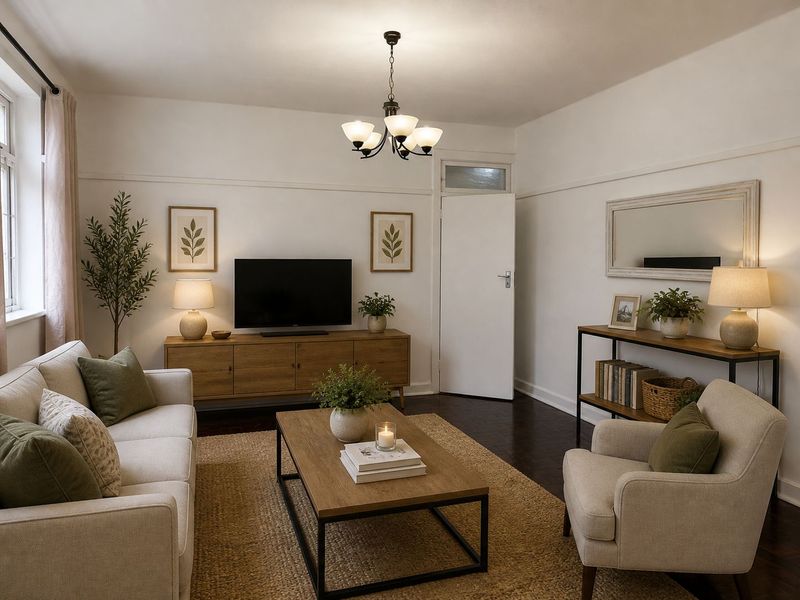 A well-maintained living room featuring hardwood flooring, a classic picture rail, and a transom window above the door.