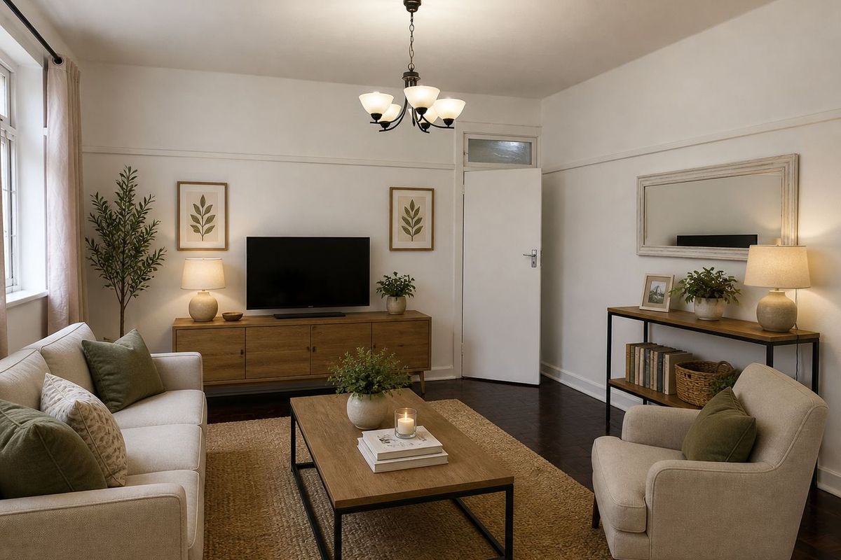 A well-maintained living room featuring hardwood flooring, a classic picture rail, and a transom window above the door.