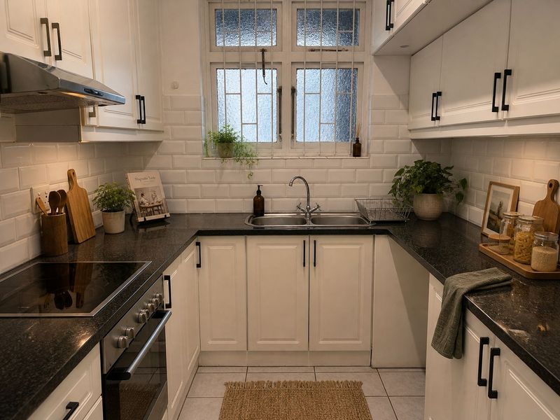 A well-maintained galley kitchen featuring white cabinetry, dark stone countertops, subway tile backsplash, and integrated appliances including an oven and hob.