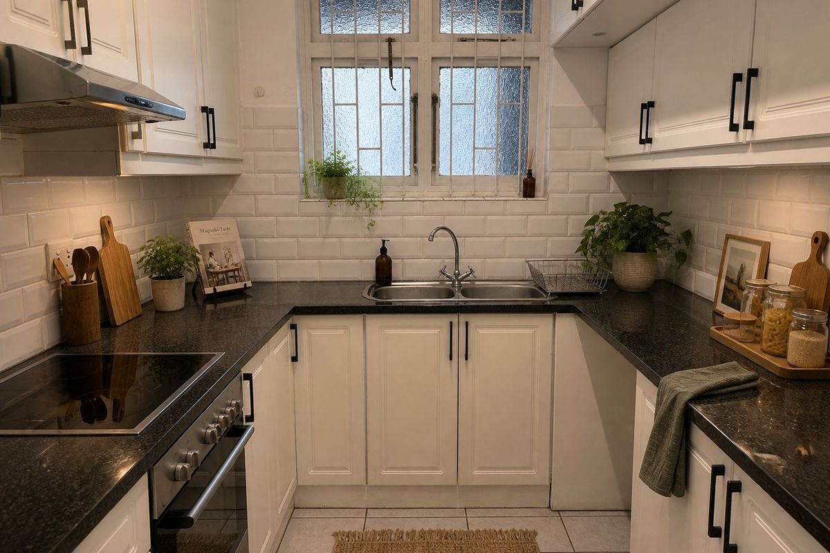 A well-maintained galley kitchen featuring white cabinetry, dark stone countertops, subway tile backsplash, and integrated appliances including an oven and hob.