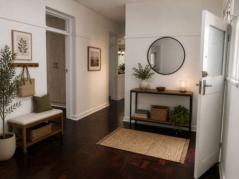 Welcoming entrance hall featuring classic dark parquet flooring, high ceilings with picture rails, and access to adjacent living spaces.