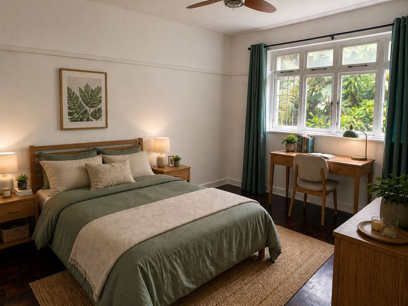 A well-maintained bedroom featuring classic parquet flooring, a ceiling fan, and a large multi-pane window that allows for ample natural light.