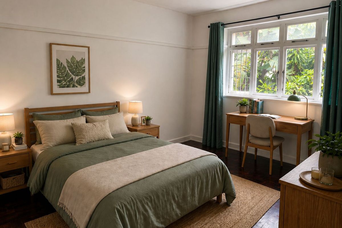 A well-maintained bedroom featuring classic parquet flooring, a ceiling fan, and a large multi-pane window that allows for ample natural light.