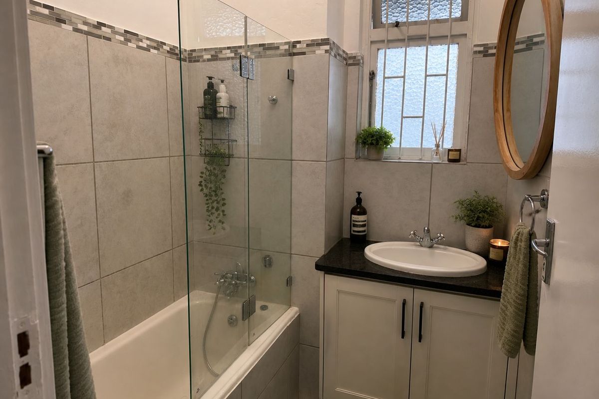 A well-maintained bathroom featuring a bathtub with a glass screen, a vanity cabinet with a granite countertop, and a secure window.