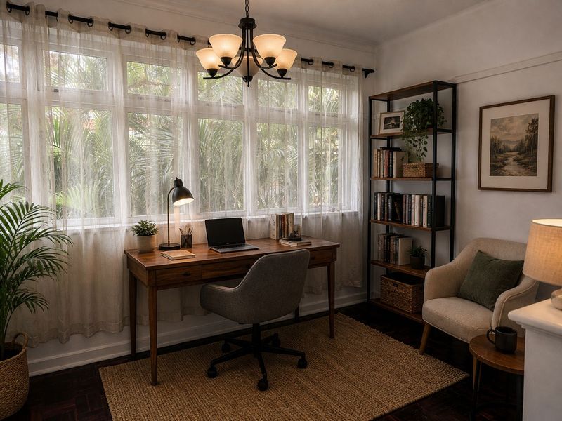 A well-lit home office featuring large multi-pane windows, classic chandelier lighting, and dark hardwood flooring, creating a warm and productive workspace.