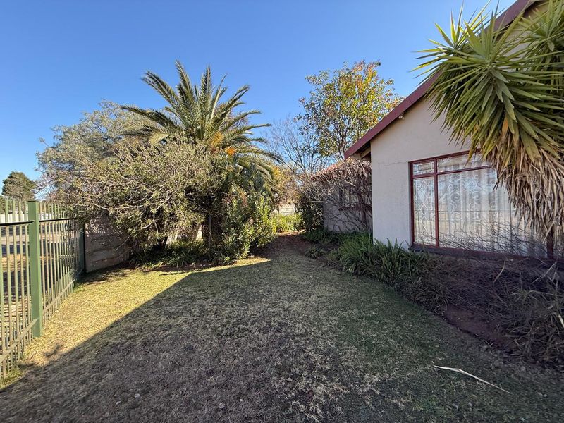 A view of the rear garden area featuring a lawn, mature trees, and a side elevation of the house with a large window.