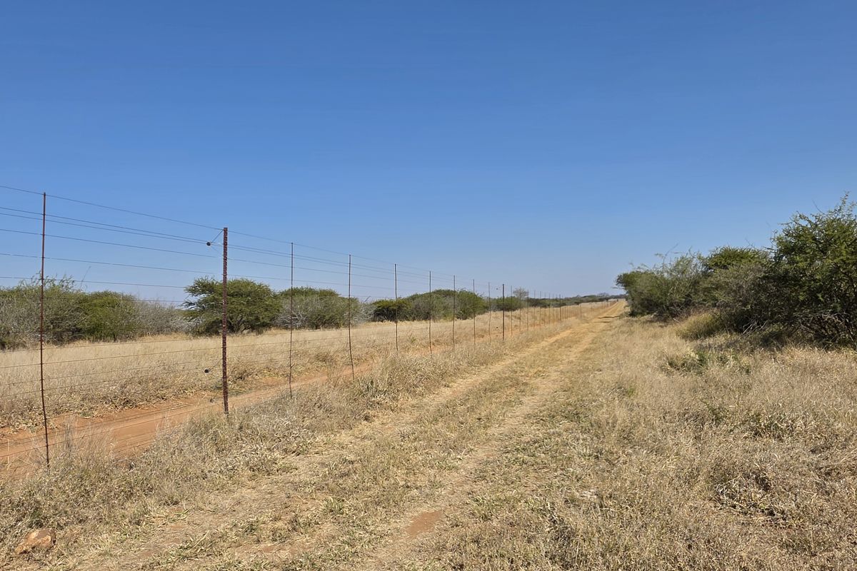 A view of the farm property featuring a wire boundary fence running alongside a dirt track through the open veld.