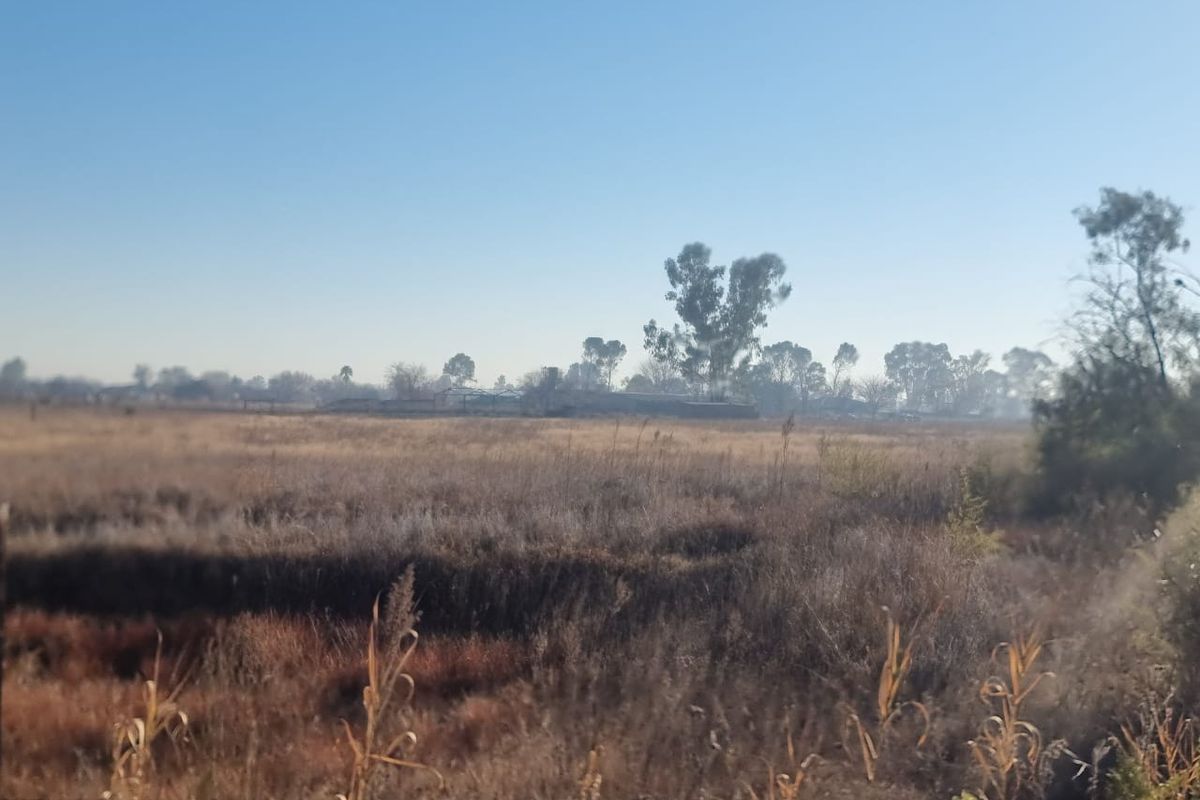 A wide-angle view of an expansive, undeveloped residential land plot featuring natural dry vegetation and distant trees under a clear blue sky.