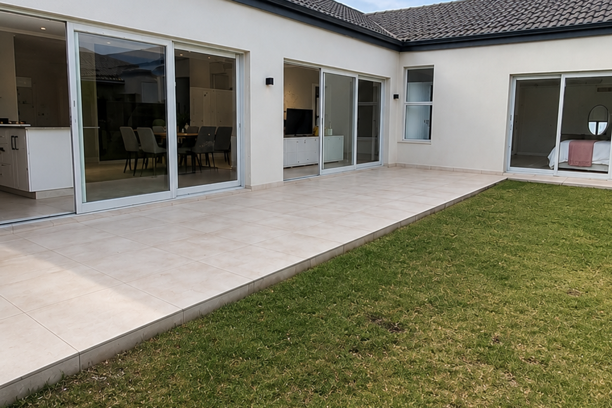A well-maintained rear exterior view featuring a spacious tiled patio, large sliding glass doors providing indoor-outdoor flow, and a neat lawn area.
