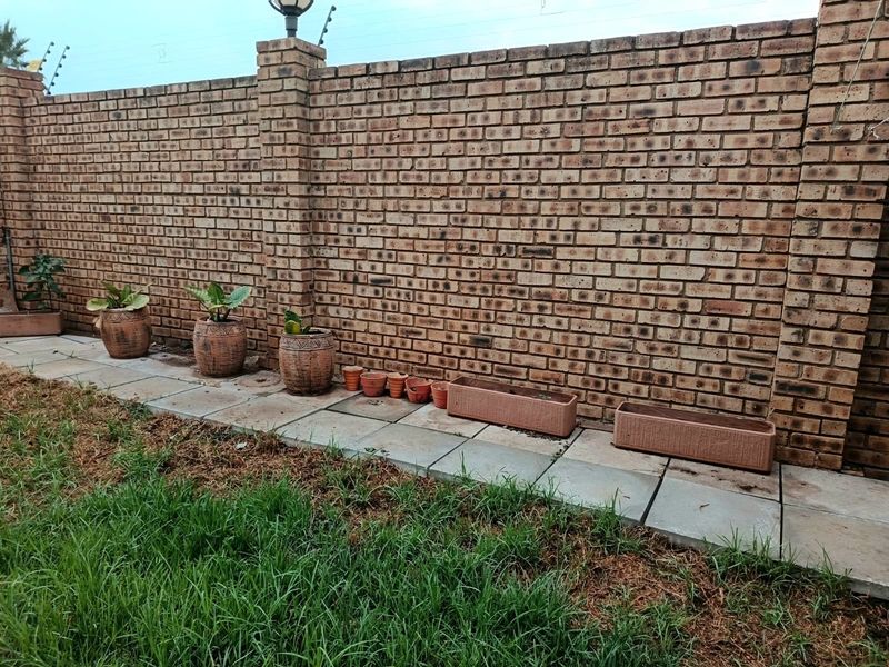 A rear garden area featuring a solid face brick boundary wall with integrated electric fencing and a paved walkway.