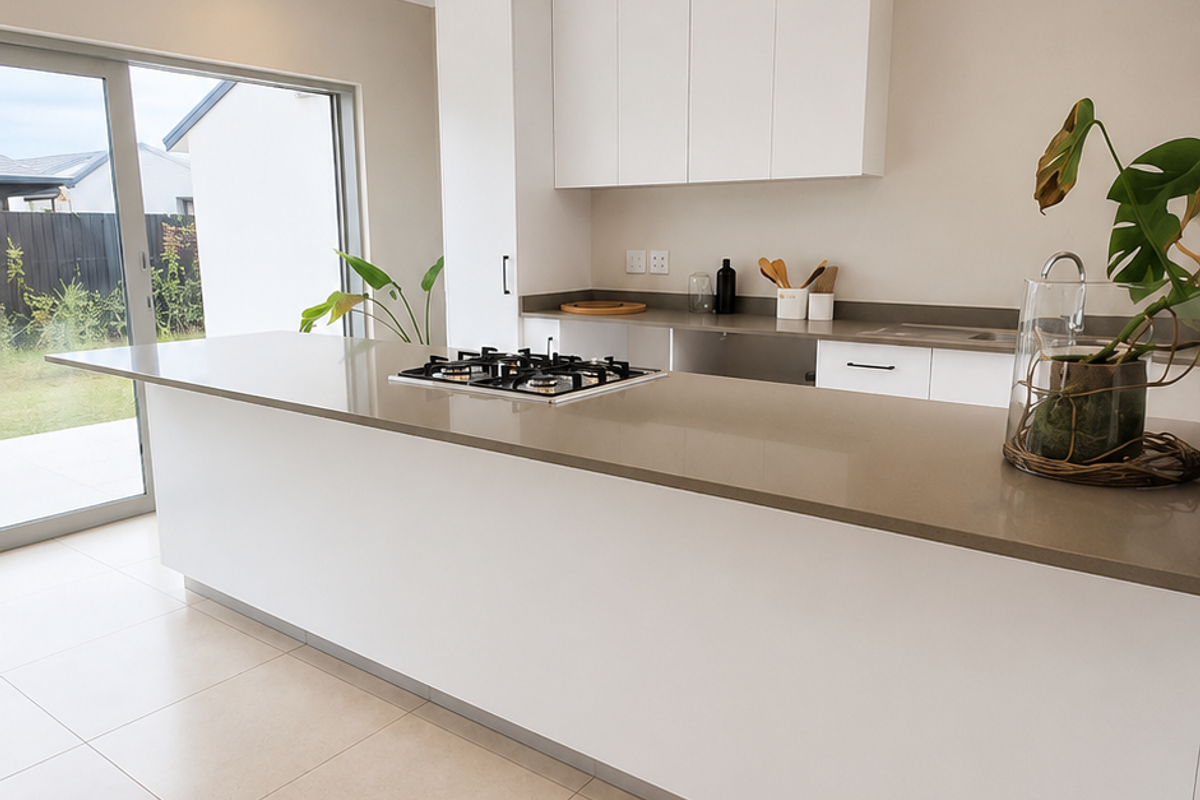 Modern kitchen featuring a large stone island with integrated gas hob, sleek white cabinetry, and direct access to the outdoor area via sliding doors.