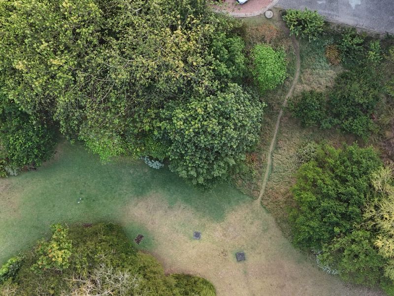 An aerial view of a residential plot featuring established trees, a grassy lawn, and a natural pathway.