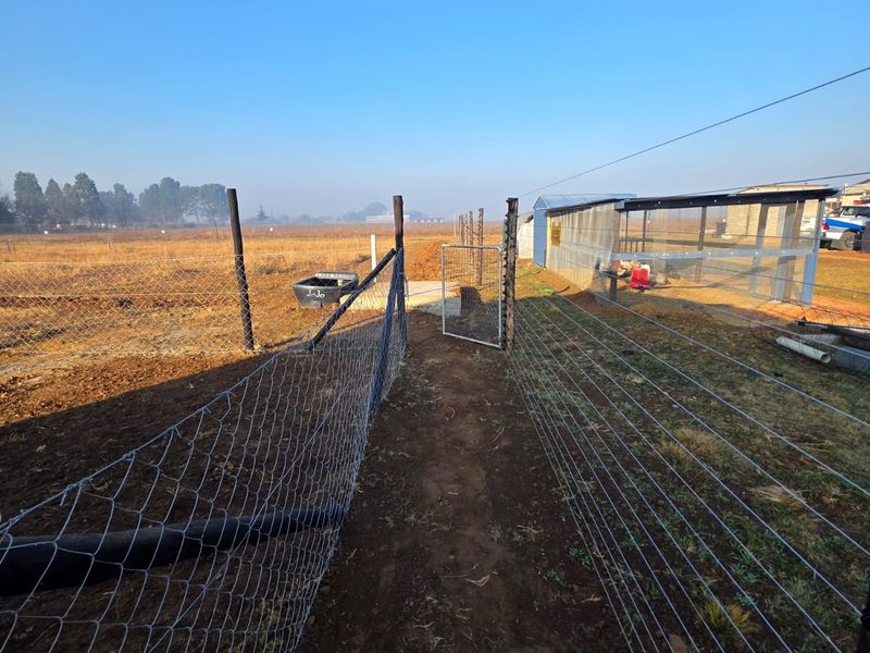 An outdoor area featuring wire mesh fencing, a metal gate, and a corrugated metal structure on a large, undeveloped plot of land.
