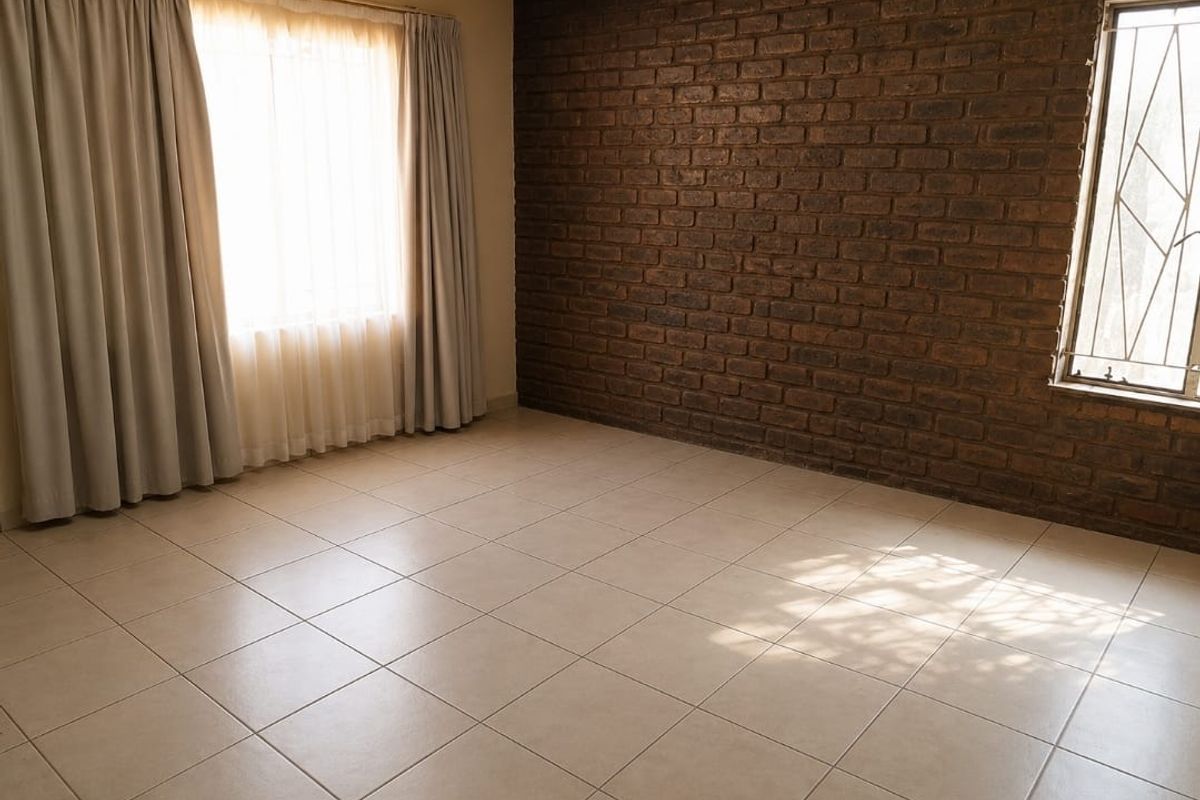 An empty bedroom featuring a rustic exposed brick feature wall, neutral ceramic floor tiles, and natural light through large windows with security bars.