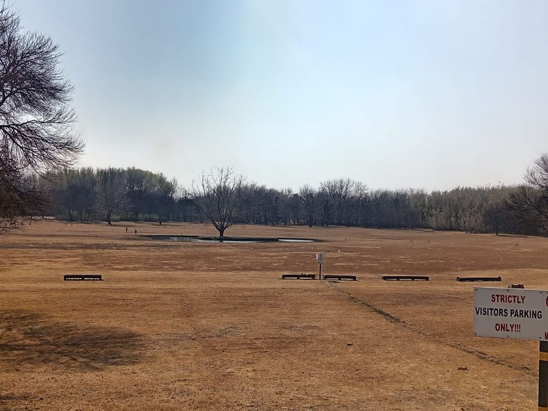 A wide-angle view of an open field with a small pond, featuring dry grass and surrounding trees.