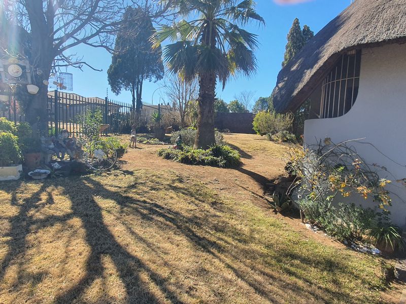 A spacious garden area featuring a thatched roof structure with security gate and tiled entrance steps, surrounded by established trees and perimeter fencing.