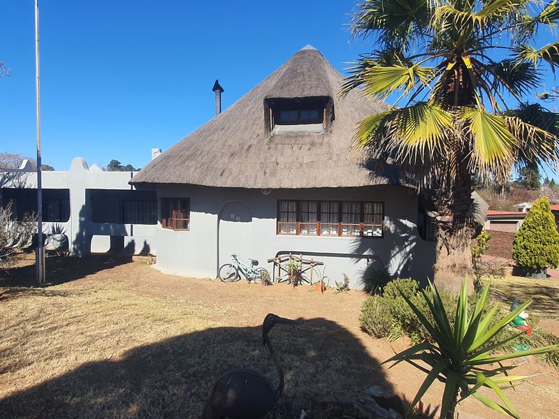 Front view of a unique house featuring a traditional thatched roof, masonry exterior, and a spacious garden setting.
