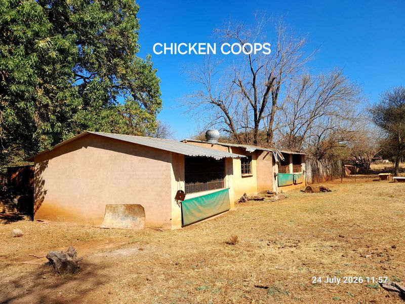 Exterior view of a farm utility structure featuring corrugated metal roofing and mesh ventilation panels, currently used as chicken coops.