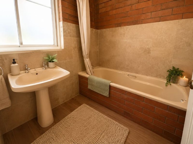 A bathroom featuring a pedestal basin, built-in bathtub, and a combination of tiled and exposed brick wall finishes.