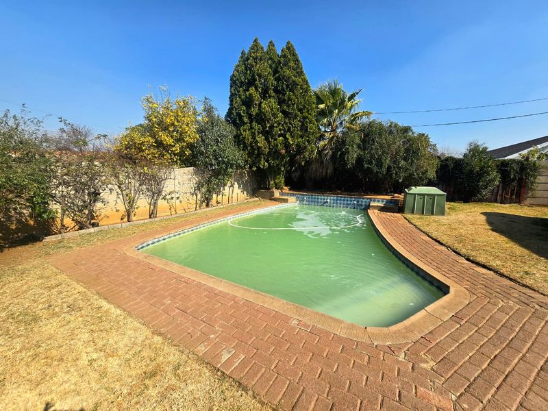 Outdoor swimming pool area featuring brick paving and a boundary wall, currently requiring maintenance to the water quality and surrounding lawn.