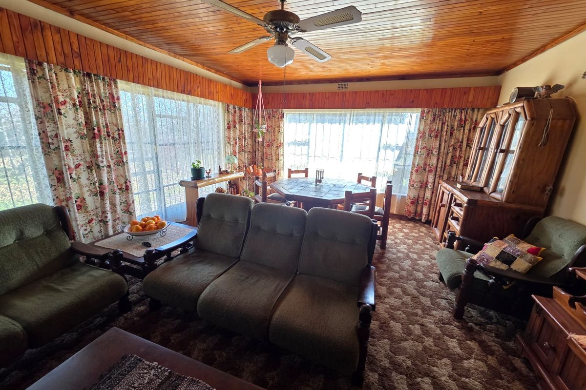 A living room featuring a timber-clad ceiling, ceiling fan, and large windows, offering a dated aesthetic with potential for modernization.