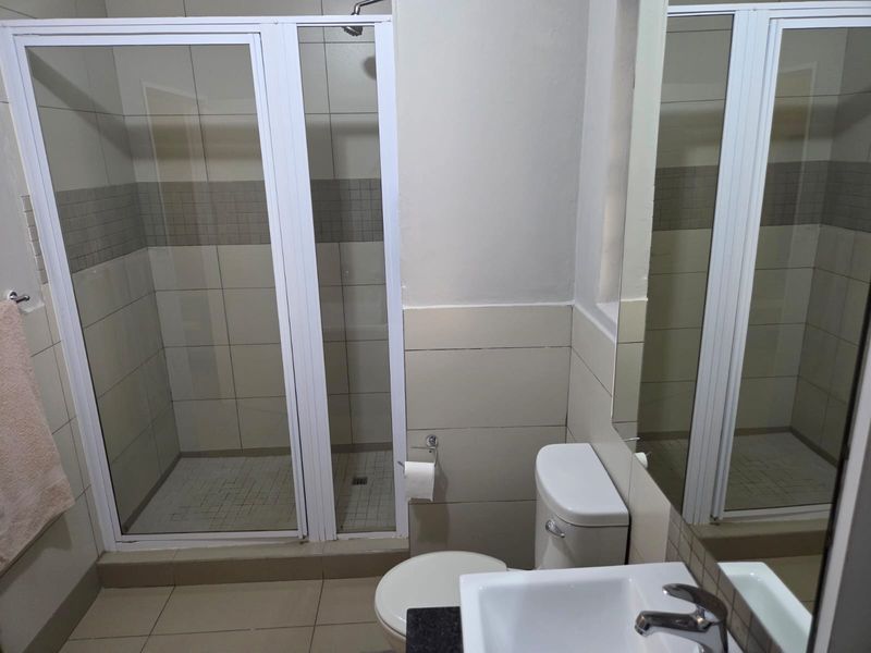 A functional bathroom featuring a walk-in shower enclosure, a vanity basin with a mixer tap, and a wall-mounted mirror.