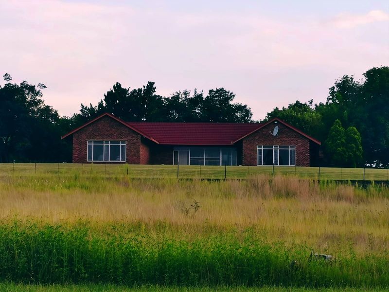 A view of the rear elevation of a brick small holding property featuring a pitched metal roof and expansive surrounding grounds.
