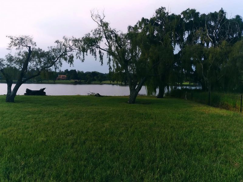 A scenic view of a tranquil lake surrounded by mature trees and expansive green lawn on the property.