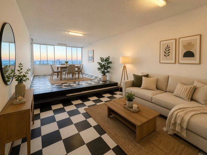 Open-plan living and dining area featuring a raised dining platform, distinctive checkerboard flooring, and expansive windows offering panoramic coastal views.