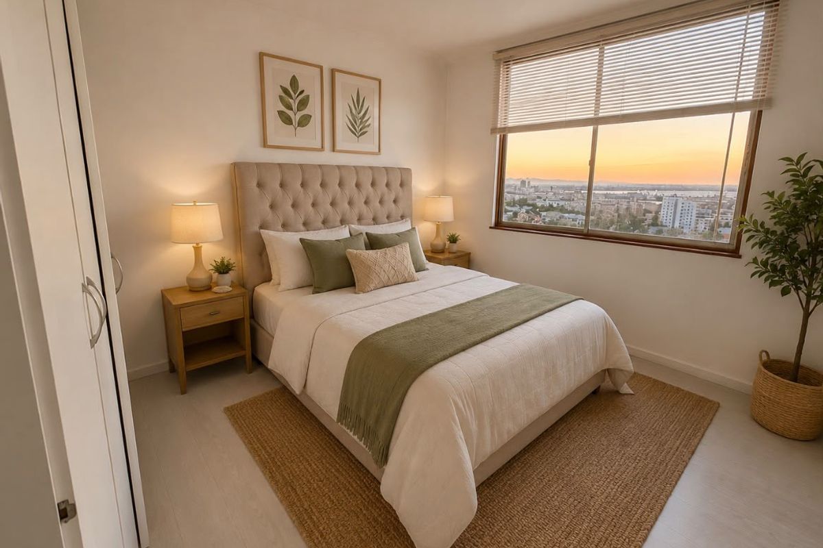 A well-lit bedroom featuring a built-in wardrobe, venetian blinds, and a scenic city view through the window.
