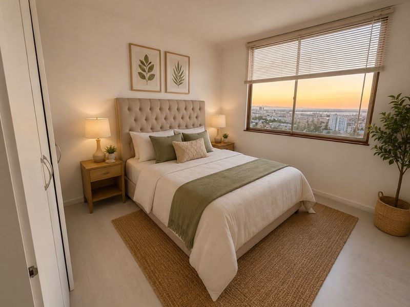 A well-lit bedroom featuring a built-in wardrobe, venetian blinds, and a scenic city view through the window.