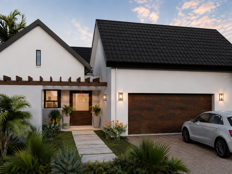 Modern front facade featuring a tiled roof, timber garage door, decorative timber pergola, and a paved walkway leading to the entrance.