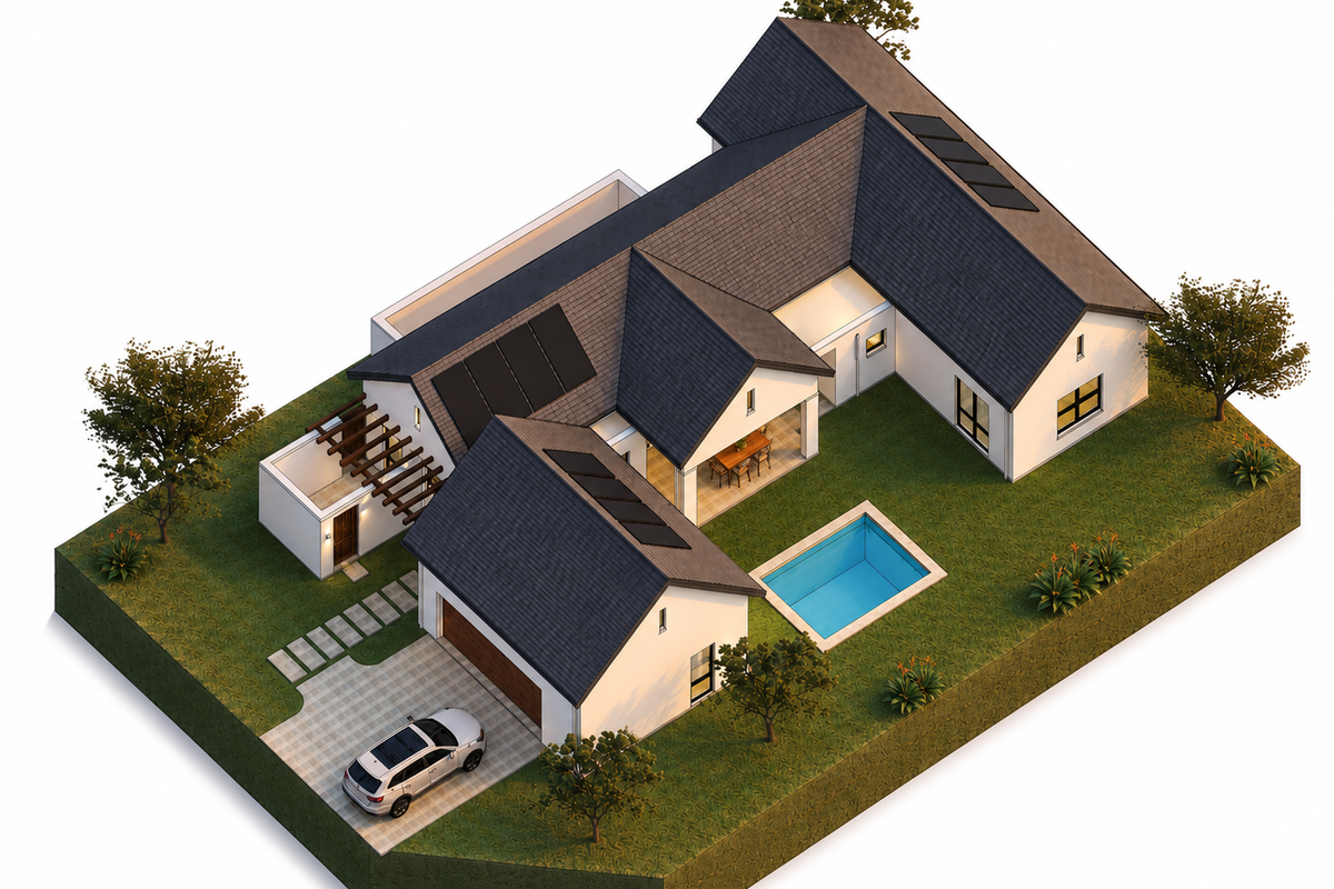 An aerial 3D render of a modern residential property featuring a swimming pool, solar panels, a paved driveway, and a covered patio area.