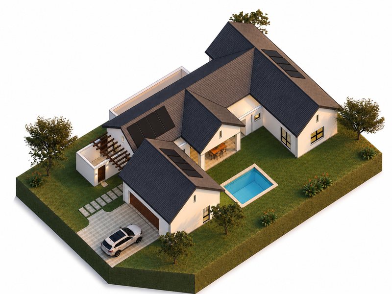 An aerial 3D render of a modern residential property featuring a swimming pool, solar panels, a paved driveway, and a covered patio area.