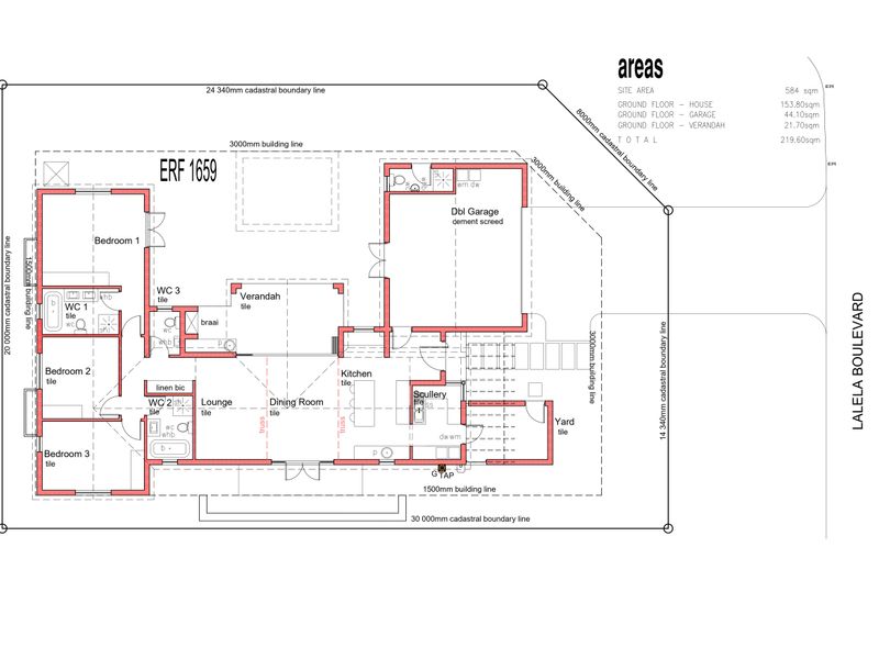 Architectural floor plan for a three-bedroom house featuring a double garage, open-plan living areas, scullery, and a veranda with a braai.