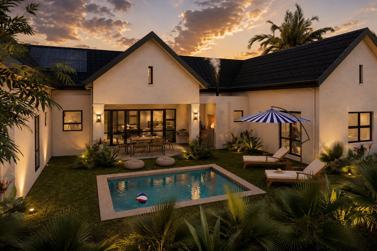 A beautifully landscaped rear garden featuring a swimming pool, built-in fireplace, and modern architectural design with solar panels on the roof.