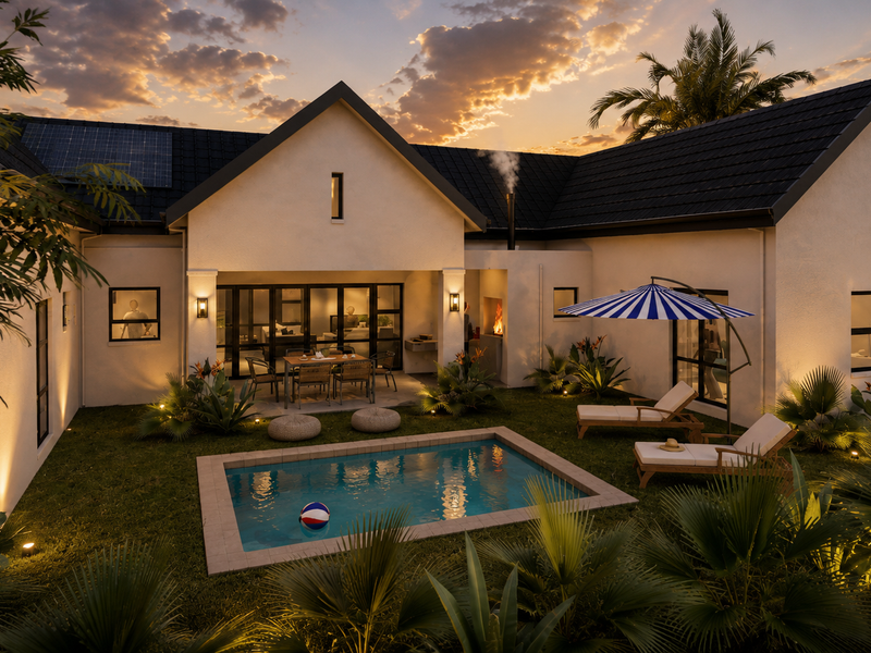 A beautifully landscaped rear garden featuring a swimming pool, built-in fireplace, and modern architectural design with solar panels on the roof.