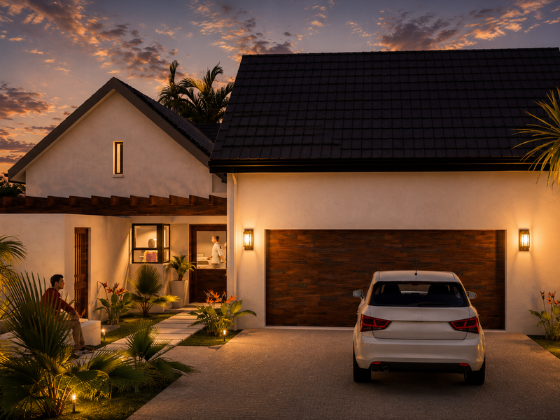 A modern residential facade at dusk featuring a timber pergola, double garage, paved driveway, and warm exterior lighting.
