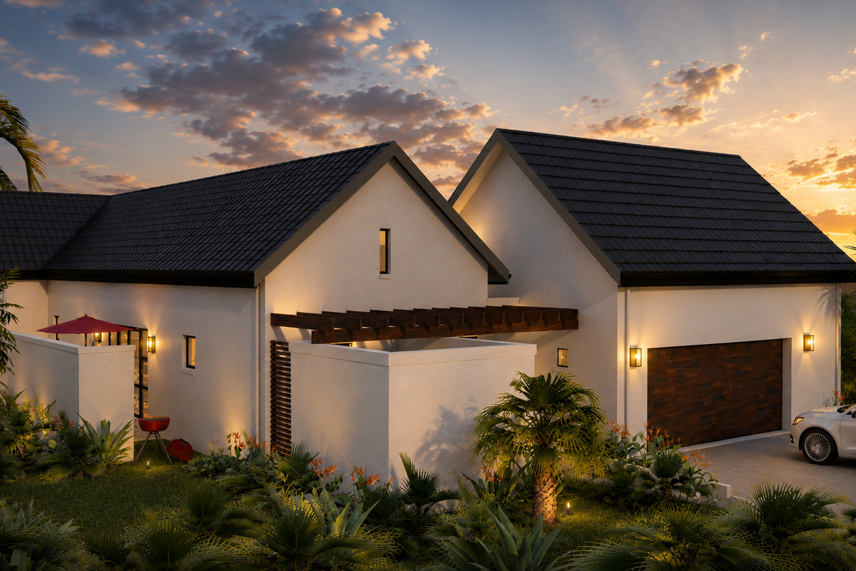 Modern residential property exterior featuring a pitched tiled roof, timber pergola, and integrated garage at dusk.