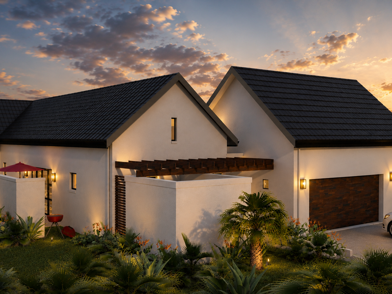 Modern residential property exterior featuring a pitched tiled roof, timber pergola, and integrated garage at dusk.