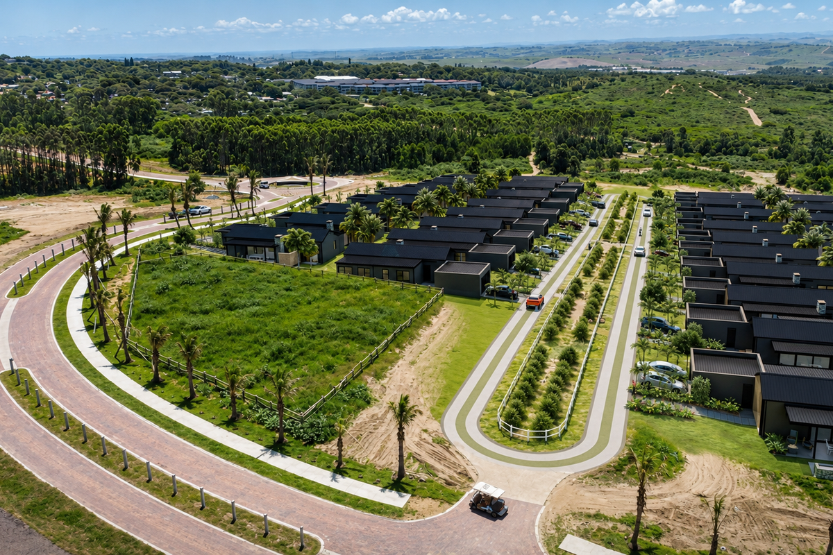 An aerial view of a modern residential estate featuring uniform housing units, paved access roads, and landscaped green spaces within a natural setting.