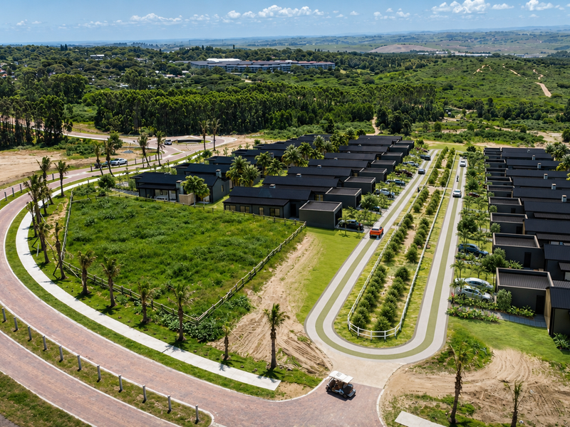 An aerial view of a modern residential estate featuring uniform housing units, paved access roads, and landscaped green spaces within a natural setting.