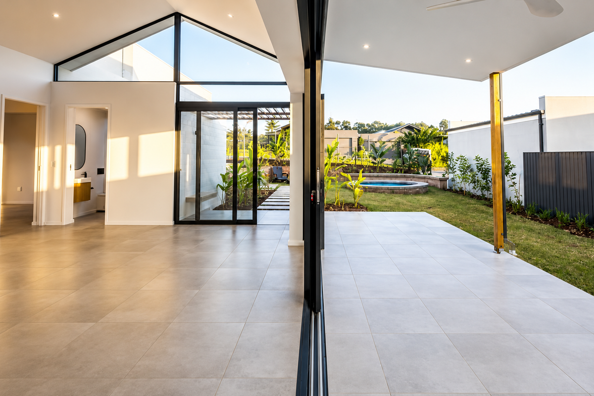 Spacious open-plan living area featuring vaulted ceilings, large sliding glass doors, and seamless transition to a covered patio and private garden with pool.